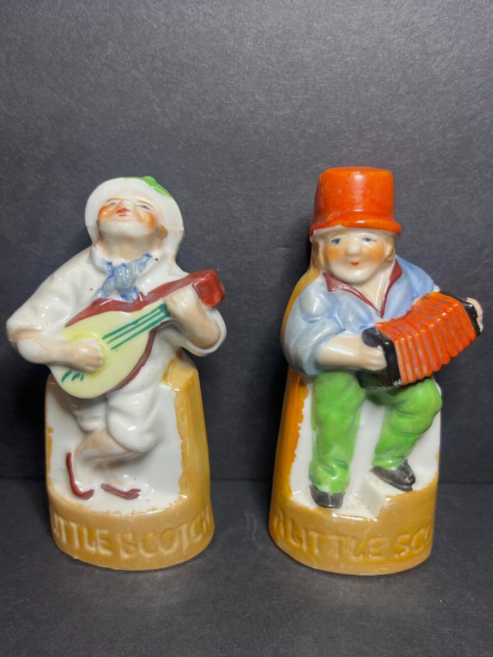 VTG Set of 2 Little Scotch Figural Bottle Flask Men Guitarist & Accordion Player